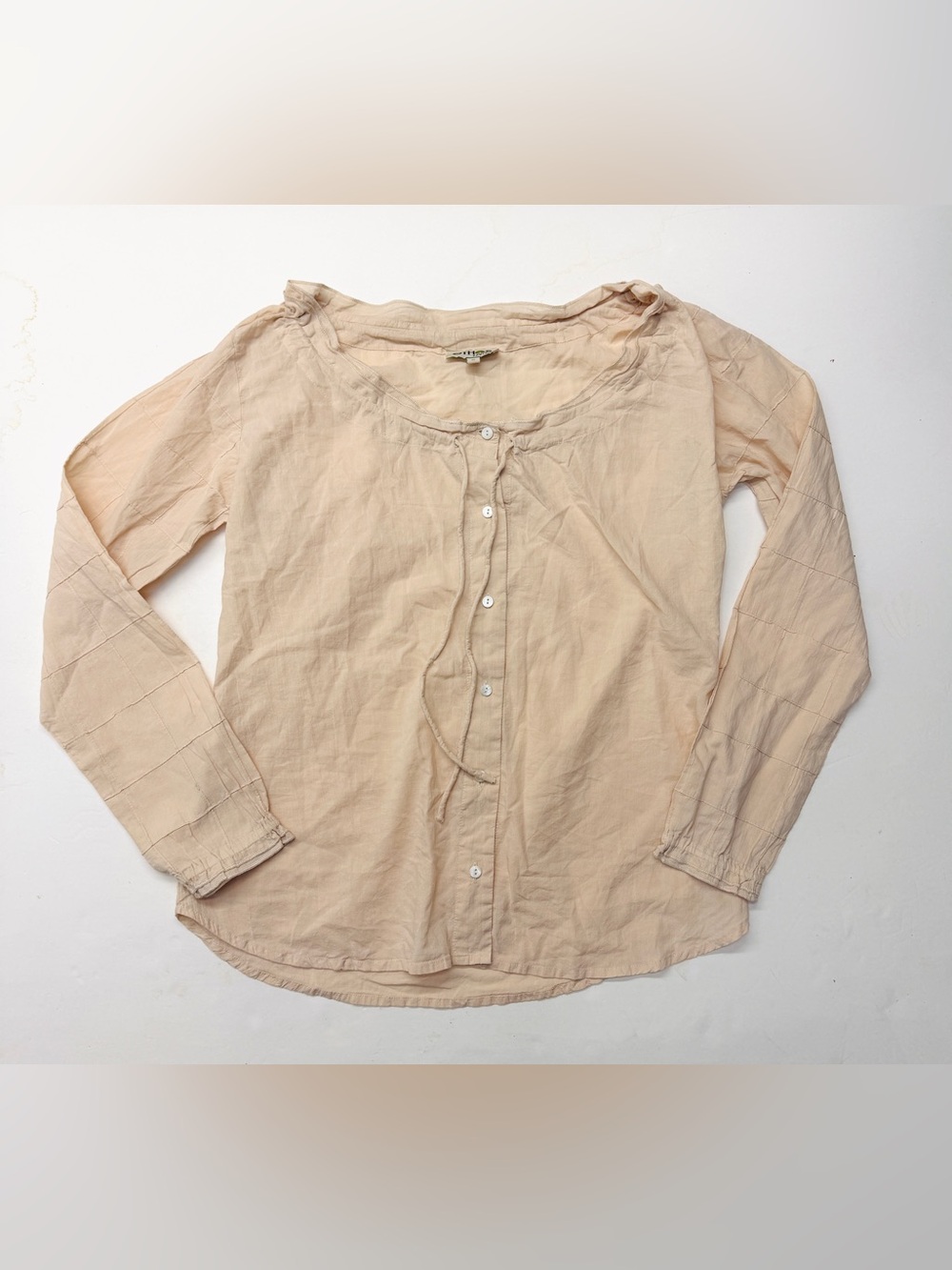 Ethos Paris Cream Beige Women’s Button-Front Peasant Top Blouse Boho